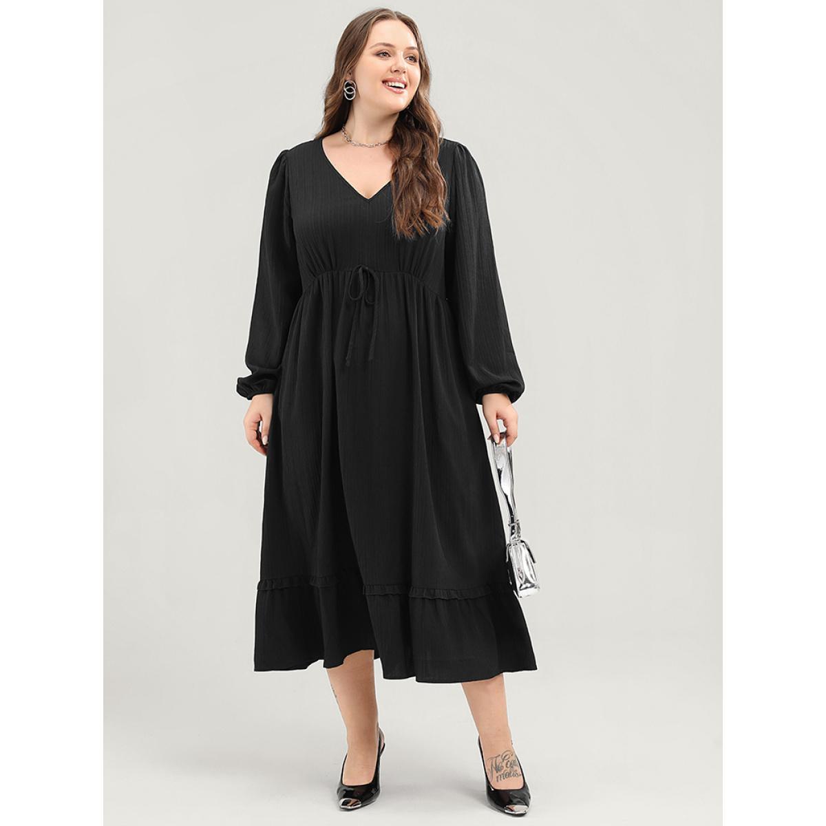 Plus Size Solid Lantern Sleeve Pocket Textured Ties Up Flutter Dress Black Women Office V-neck Long Sleeve Curvy Midi Dress BloomChic 14-16/1X Product Image