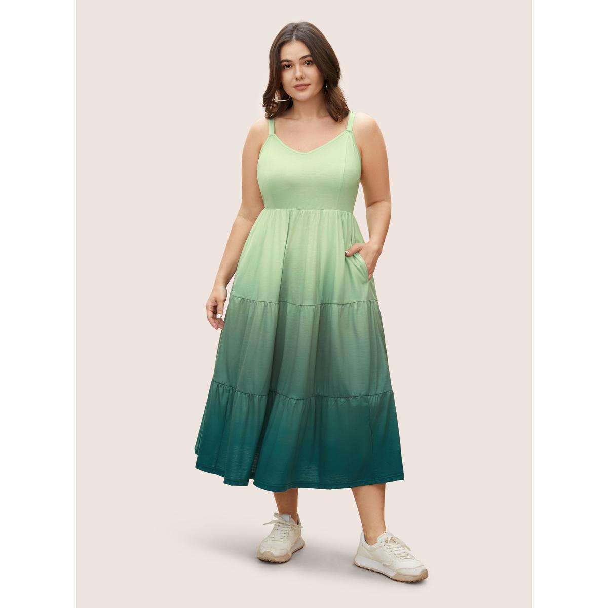 Plus Size Ombre Ruffle Layered Hem Cami Dress Mint Women Casual Patchwork V-neck Sleeveless Curvy BloomChic 10/M Product Image