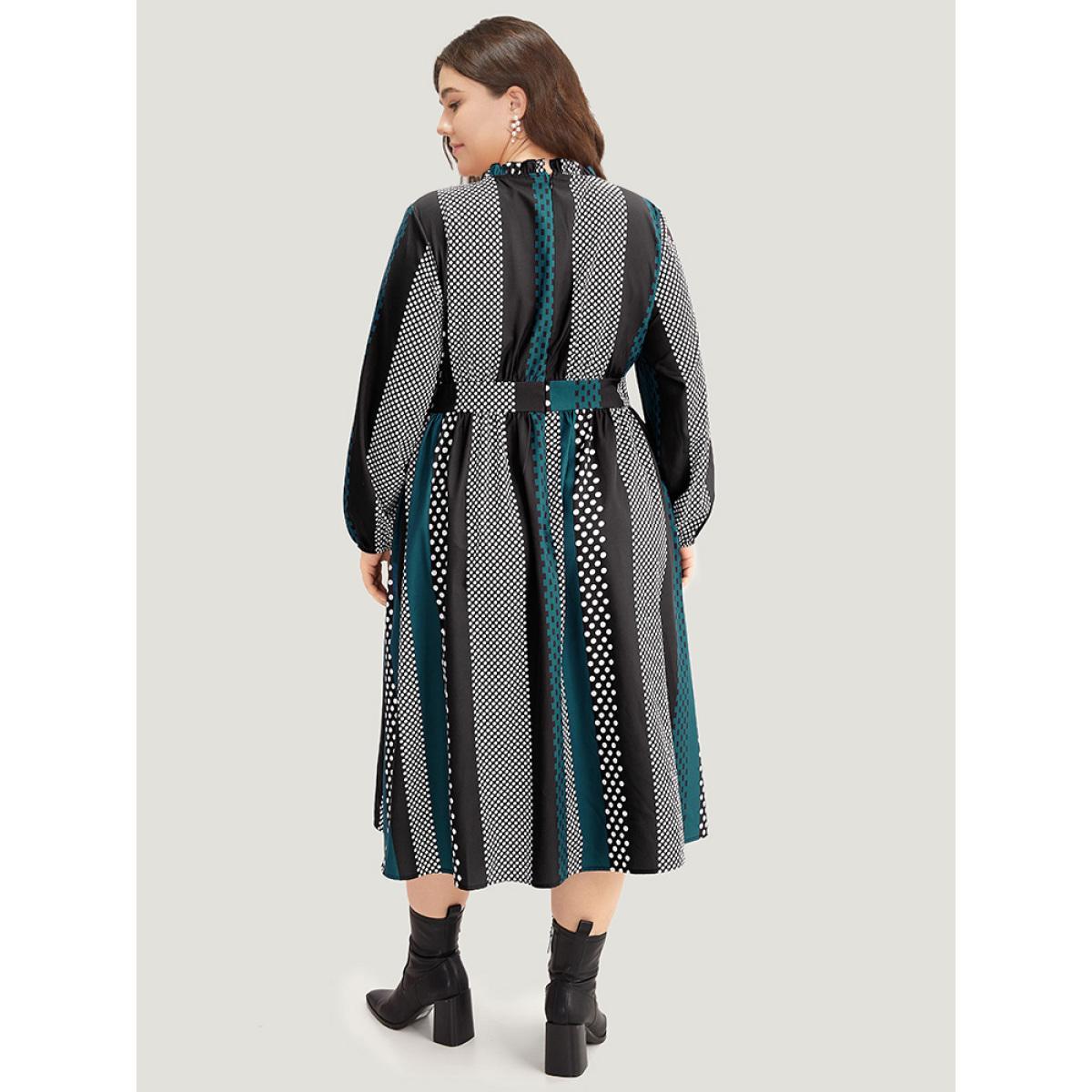 Plus Size Polka Dot Patchwork Striped Pleated Lantern Sleeve Dress Aegean Women At the Office Elastic cuffs Round Neck Long Sleeve Curvy Midi Dress BloomChic 28/5X Product Image