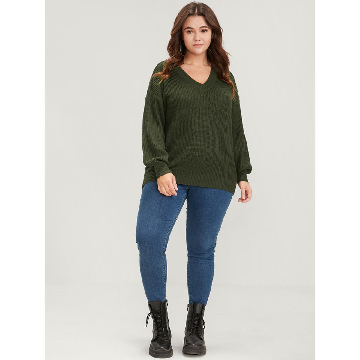 Plus Size Solid Pointelle Knit V Neck Knit Top ArmyGreen Women Casual Loose Long Sleeve V-neck Dailywear Pullovers BloomChic 12/L Product Image