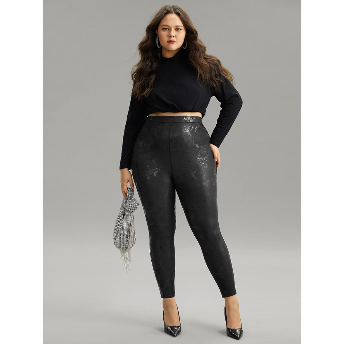 Plus Size Vintage PU Leather Glitter Skinny Leggings Women Black Party High stretch Skinny High Rise Going out Leggings BloomChic 10/M Product Image
