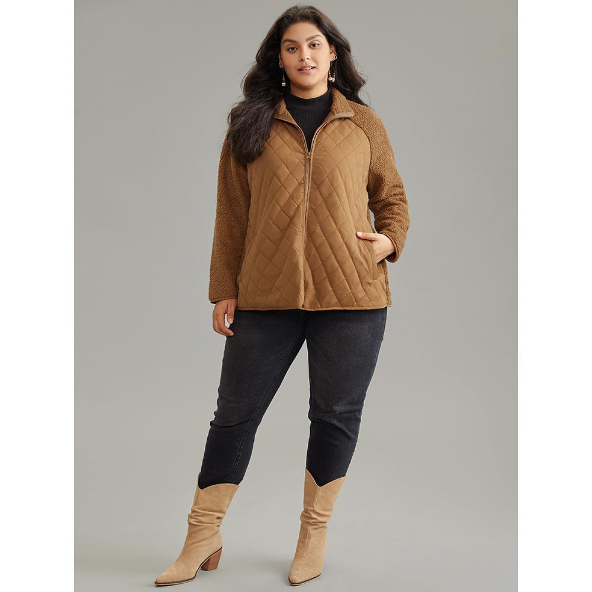 Plus Size Fuzzy Raglan Sleeve Quilted Zipper Fly Jacket Women Chocolate Casual Texture Ladies Dailywear Winter Coats BloomChic 28/5X Product Image
