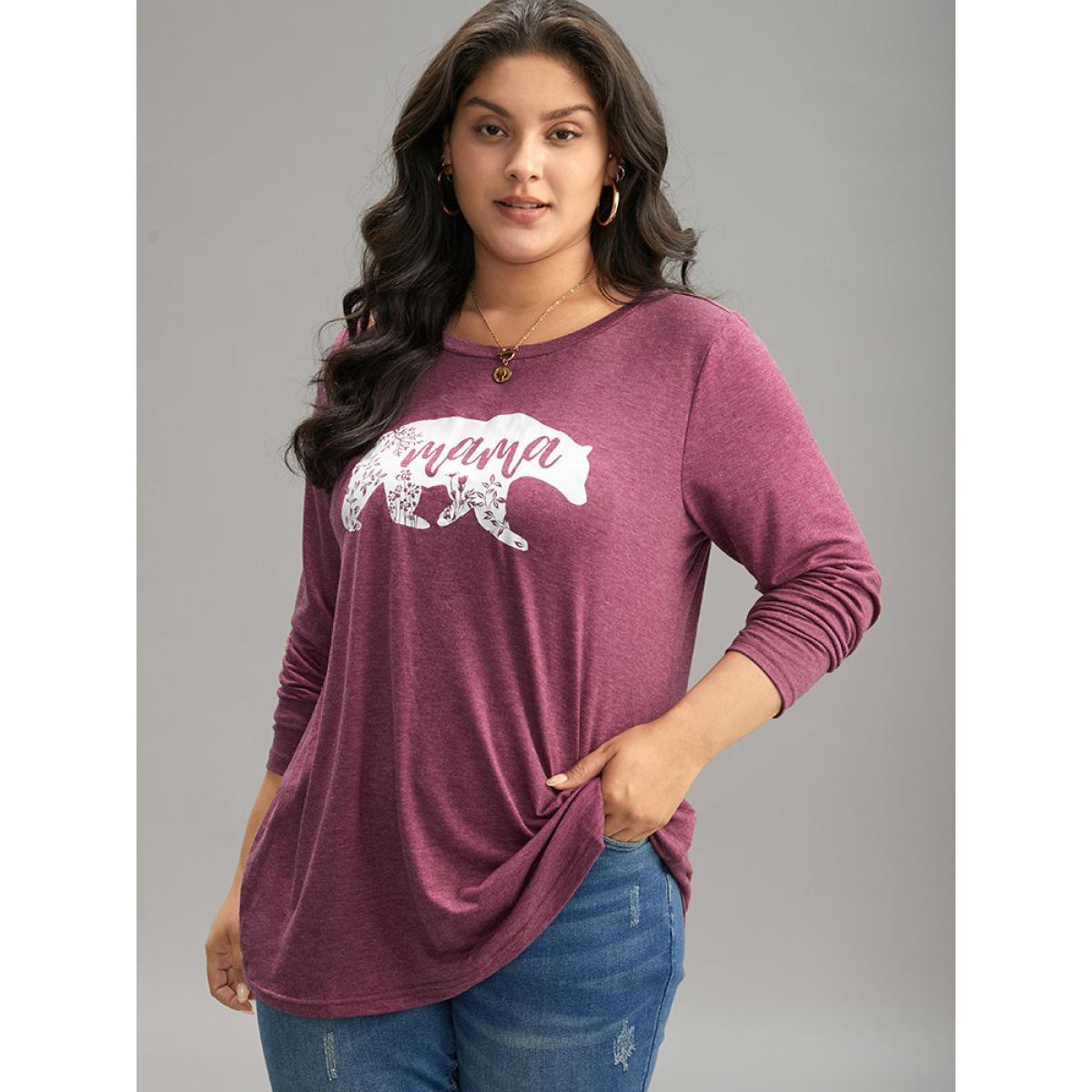 Plus Size Animal & Letter Print Round Neck T-shirt Burgundy Women Casual Printed Occupation Dailywear T-shirts BloomChic 18-20/2X Product Image