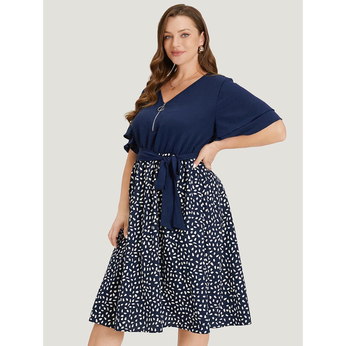 Plus Size Water Drop Print Patchwork Ruffle Zipper Belted Dress Navy Women Office Plain V-neck Short sleeve Curvy Midi Dress BloomChic 26/4X Product Image