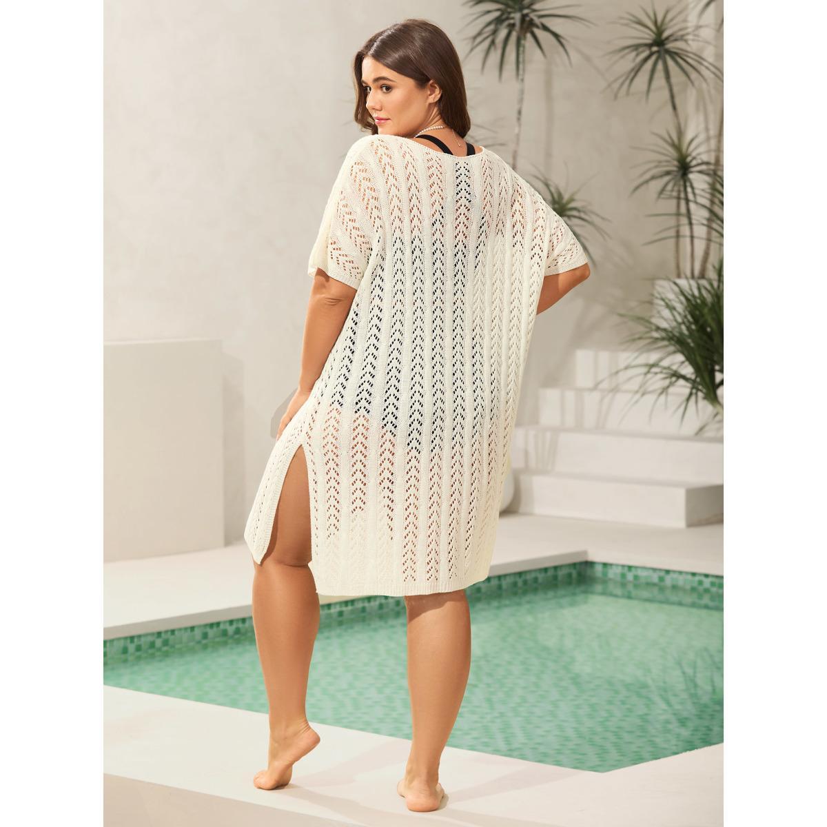 Plus Size Cut Out Textured Side Slit Swim Cover-Up Women's Swimwear Ivory Beach Loose Texture Curve Swim Cover Ups BloomChic 18-20/2X Product Image