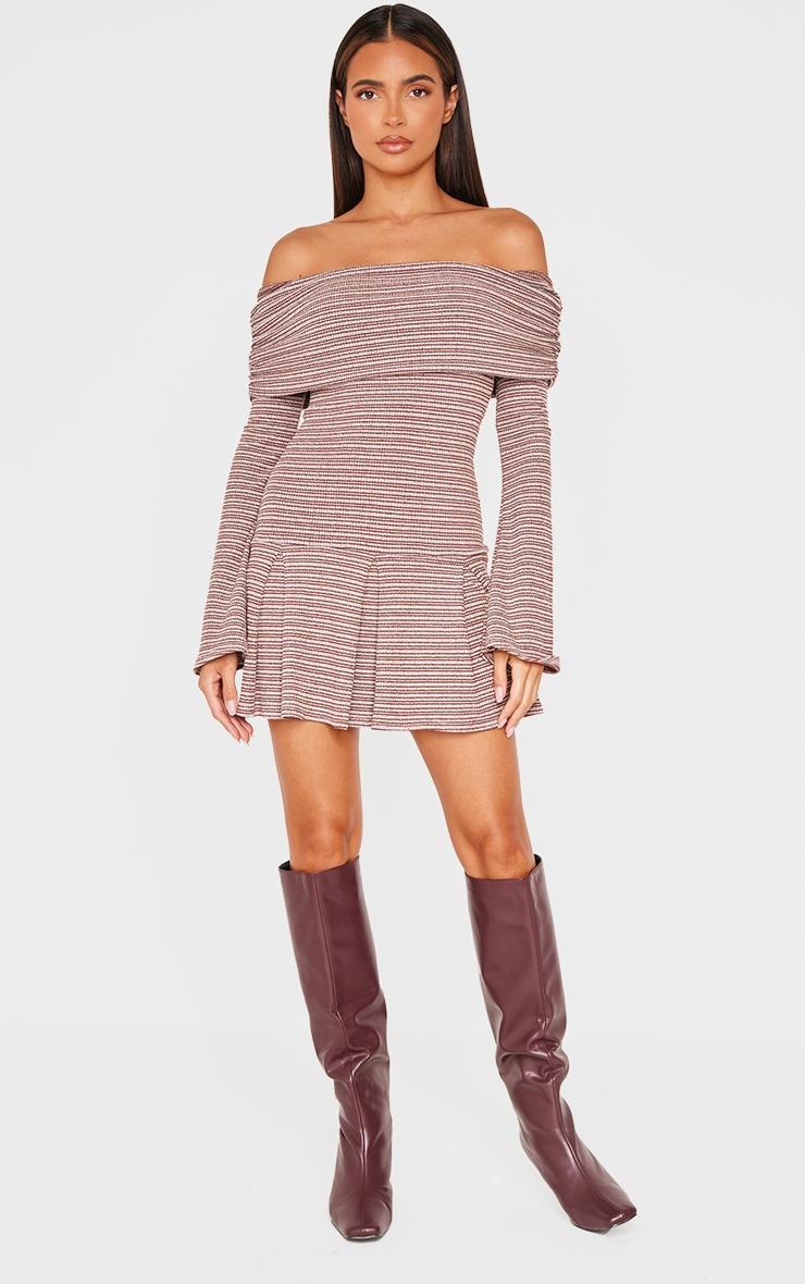 Chocolate Textured Bardot Flared Sleeve Shift Dress Product Image