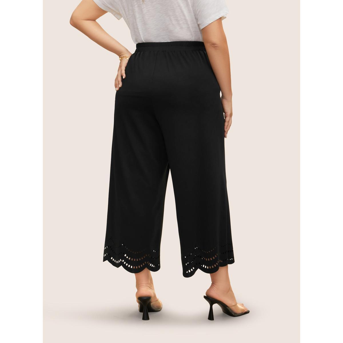 Plus Size Medium stretch Laser Cut Elastic Waist Pants Women Black Elegant Wide Leg Mid Rise Everyday Pants BloomChic 12/L Product Image