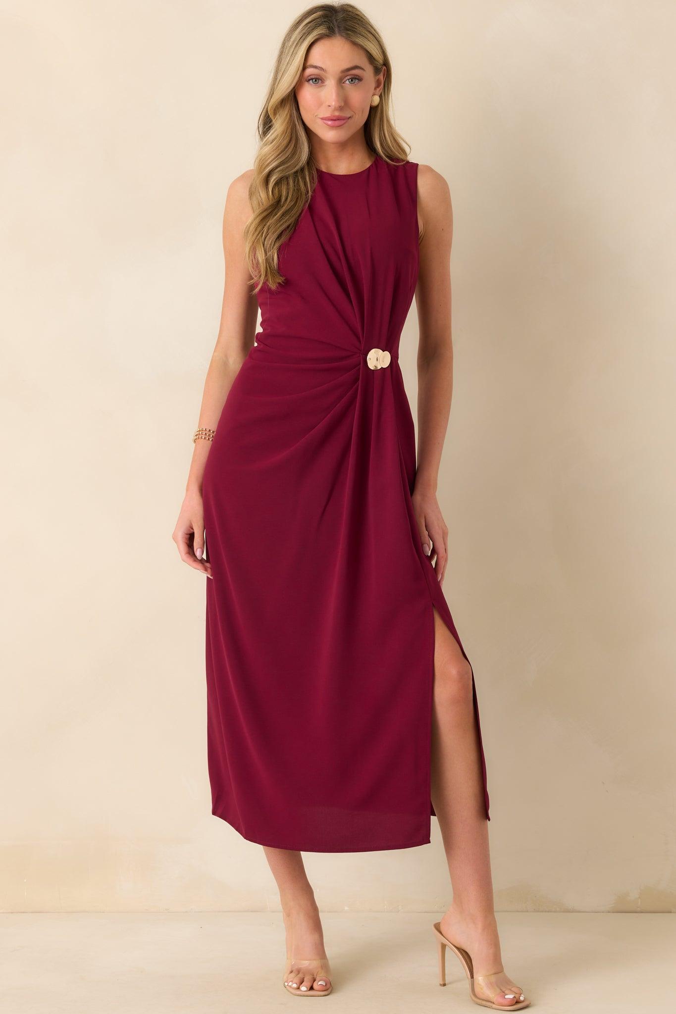 Move With Purpose Burgundy Ruched Maxi Dress Product Image