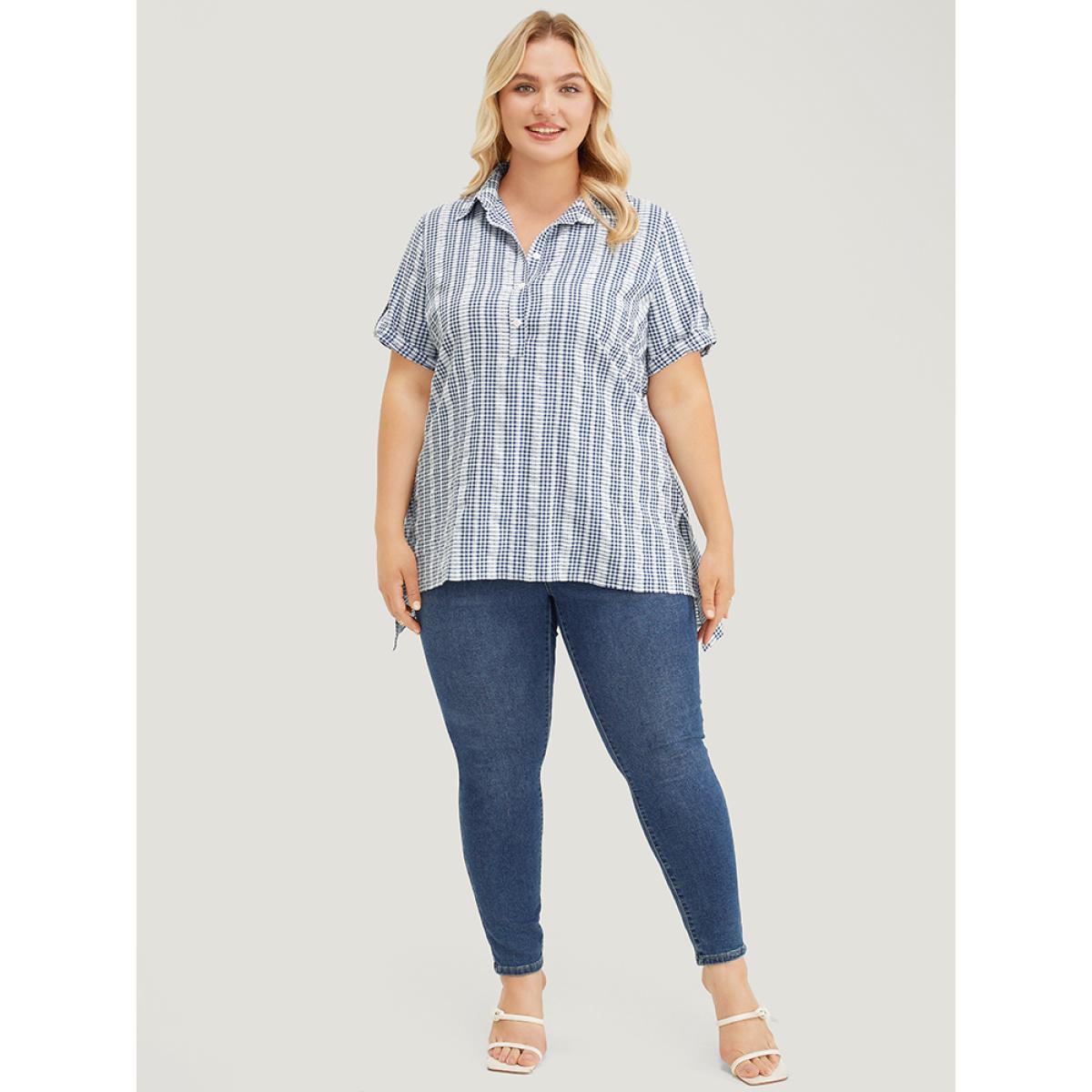 Plus Size Stone Plaid Shirt Collar Button Up Cuffed Sleeve Split Blouse Women Office Short sleeve Shirt collar Work Blouses BloomChic 28/5X Product Image
