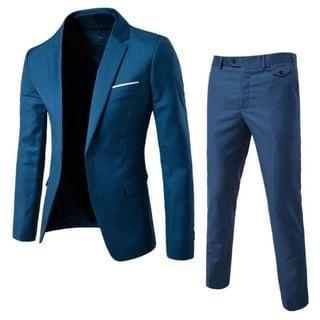 Set: Lapel Collar Contrast Trim One-Buttoned Blazer + Mid Rise Straight Leg Dress Pants Product Image