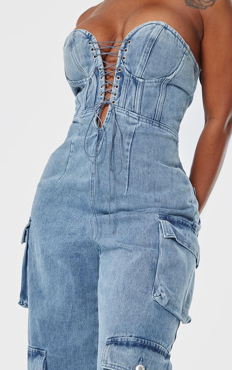 Shape Vintage Mid Wash Denim Bandeau Lace Up Front Wide Leg Jumpsuit Product Image