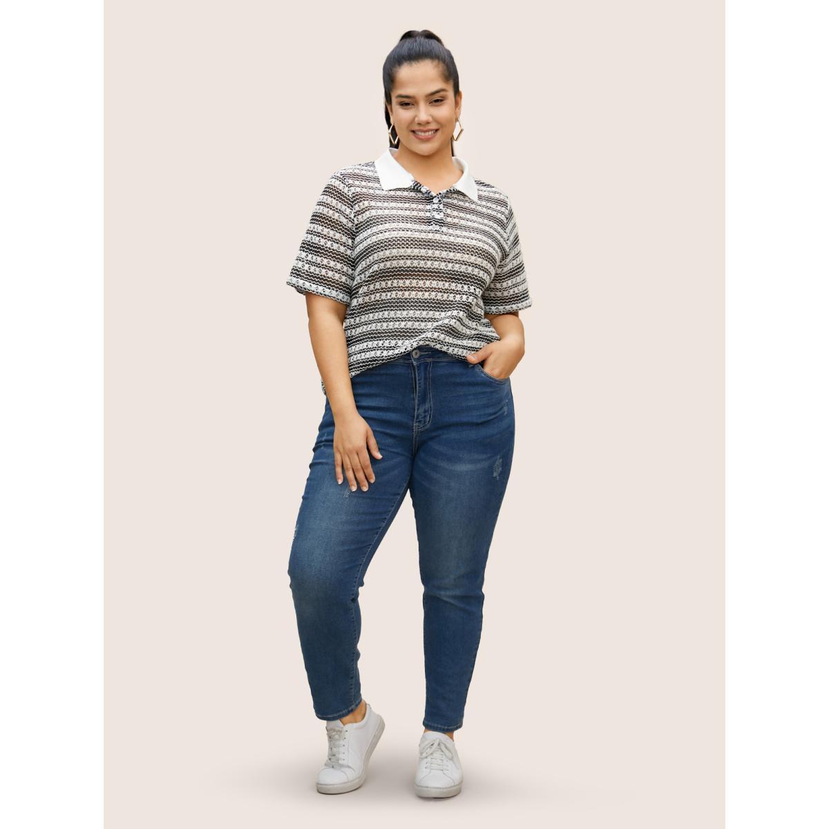 Plus Size Polo Neck Contrast Cut Out Button Up T-shirt Black Women Casual Contrast Polo Everyday T-shirts BloomChic 22-24/3X Product Image