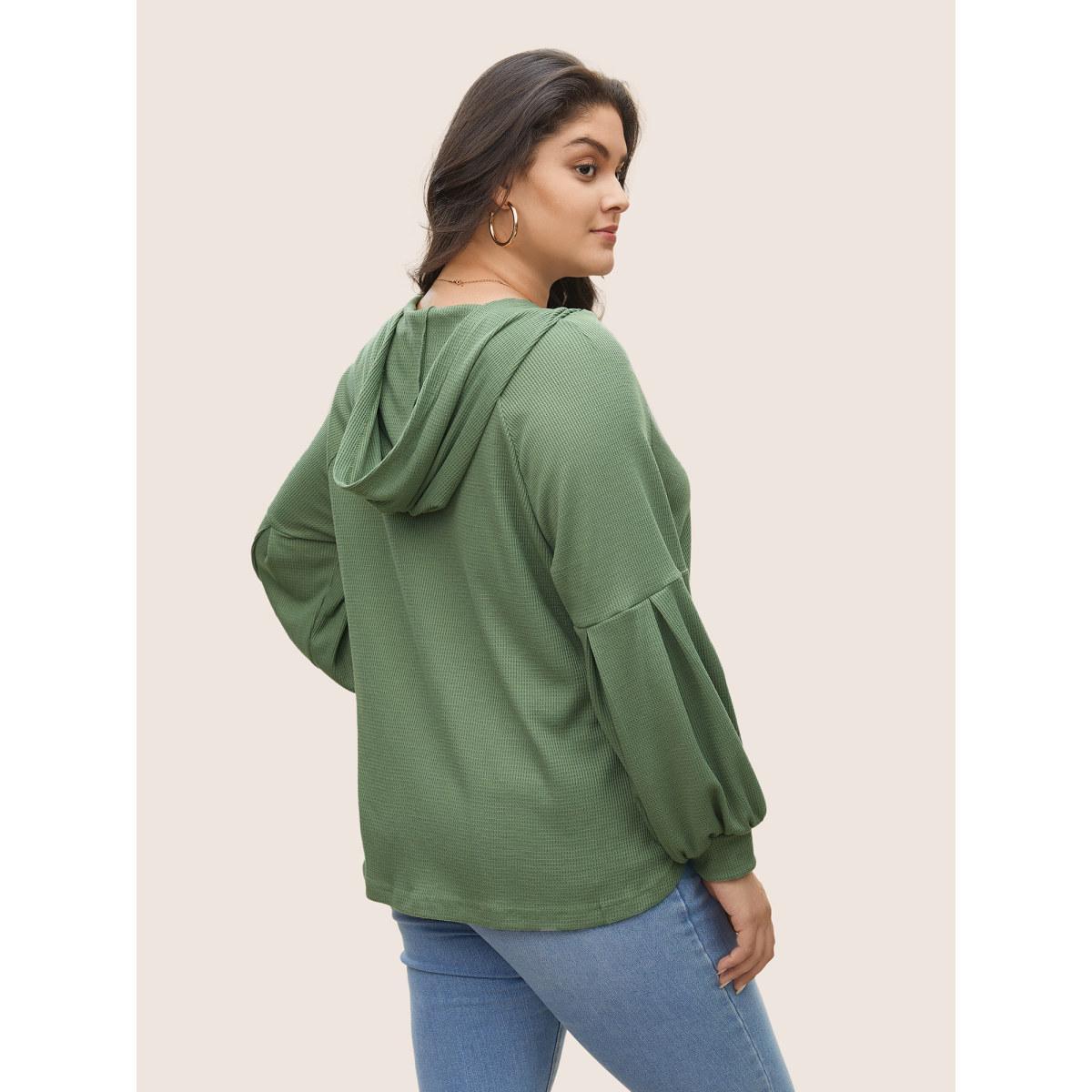 Plus Size Waffle Knit Hooded Lantern Sleeve Patched Pocket Sweatshirt Women Mint Casual Texture Hooded Everyday Sweatshirts BloomChic 22-24/3X Product Image