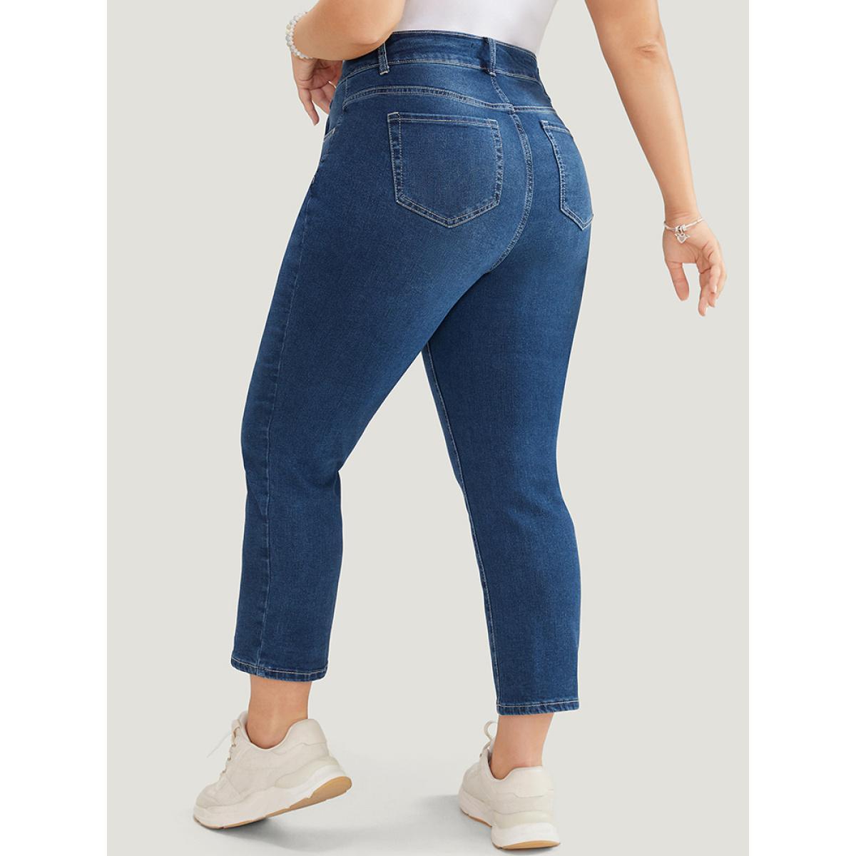 Plus Size Skinny Moderately Stretchy High Rise Dark Wash Jeans Women DarkBlue Casual Plain Medium stretch Jeans BloomChic 12/L Product Image