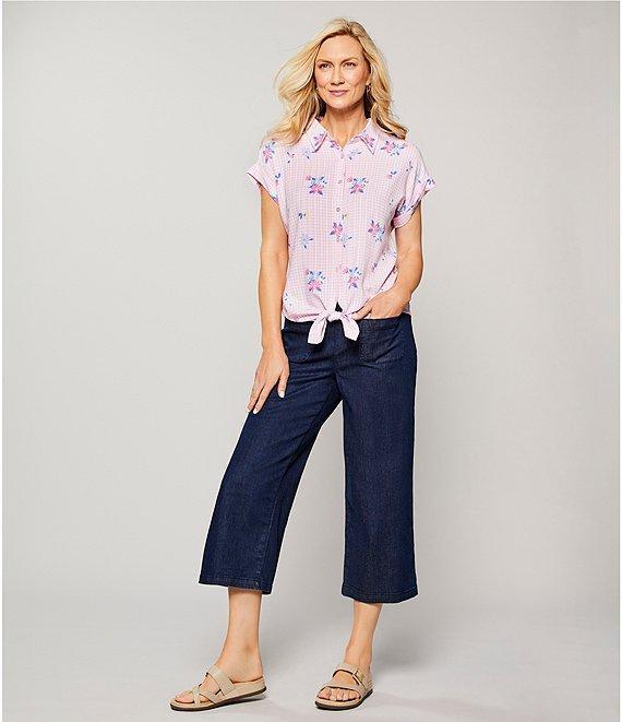 Allison Daley Gingham Floral Print Short Sleeve Tie Front Button Blouse Product Image