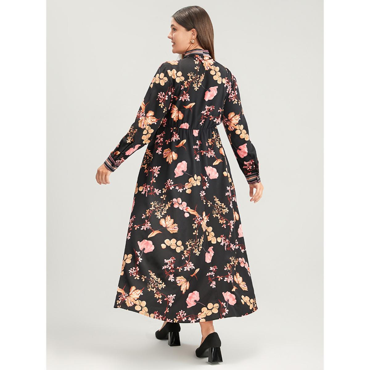 Plus Size Floral Keyhole Pocket Knotted Neck Split Dress Black Women Elegant Knotted Tie Neck Long Sleeve Curvy Long Dress BloomChic 28/5X Product Image