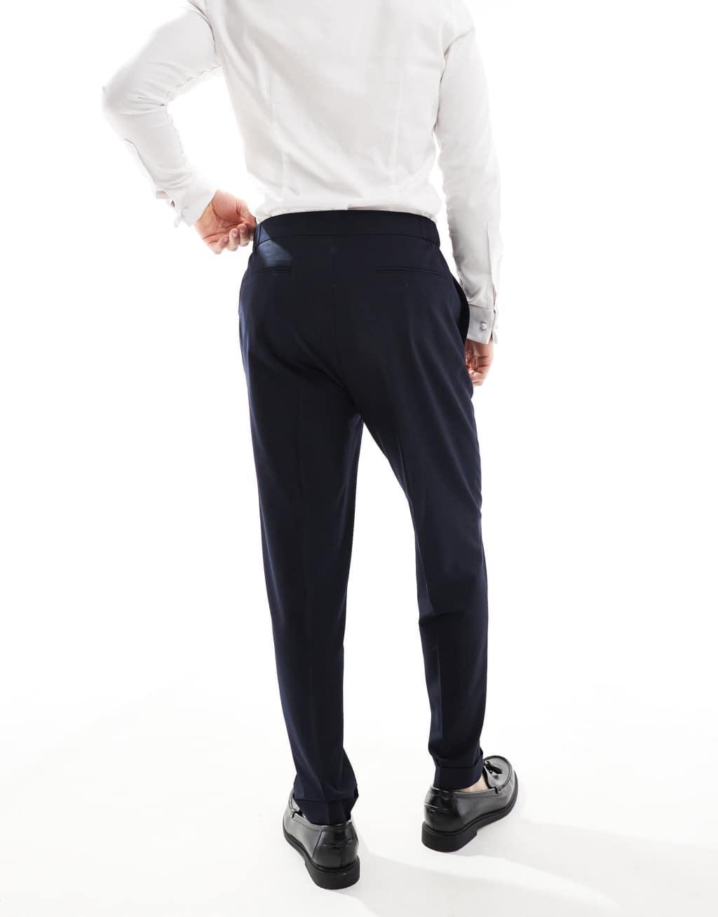 ASOS DESIGN smart tapered fit chino pants with elasticated waistband in navy microtexture Product Image