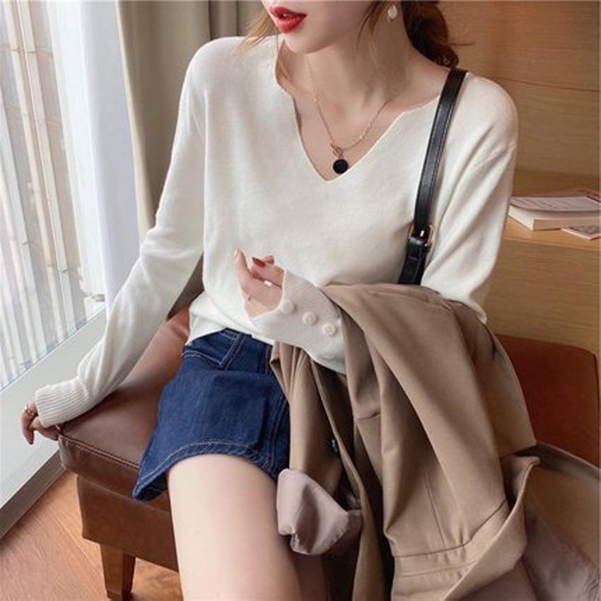 Long Sleeve V-Neck Plain Knit Top Product Image