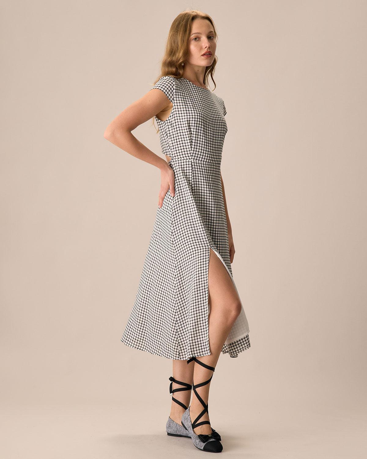 The Black Round Neck Cap Sleeve Plaid Midi Dress Product Image