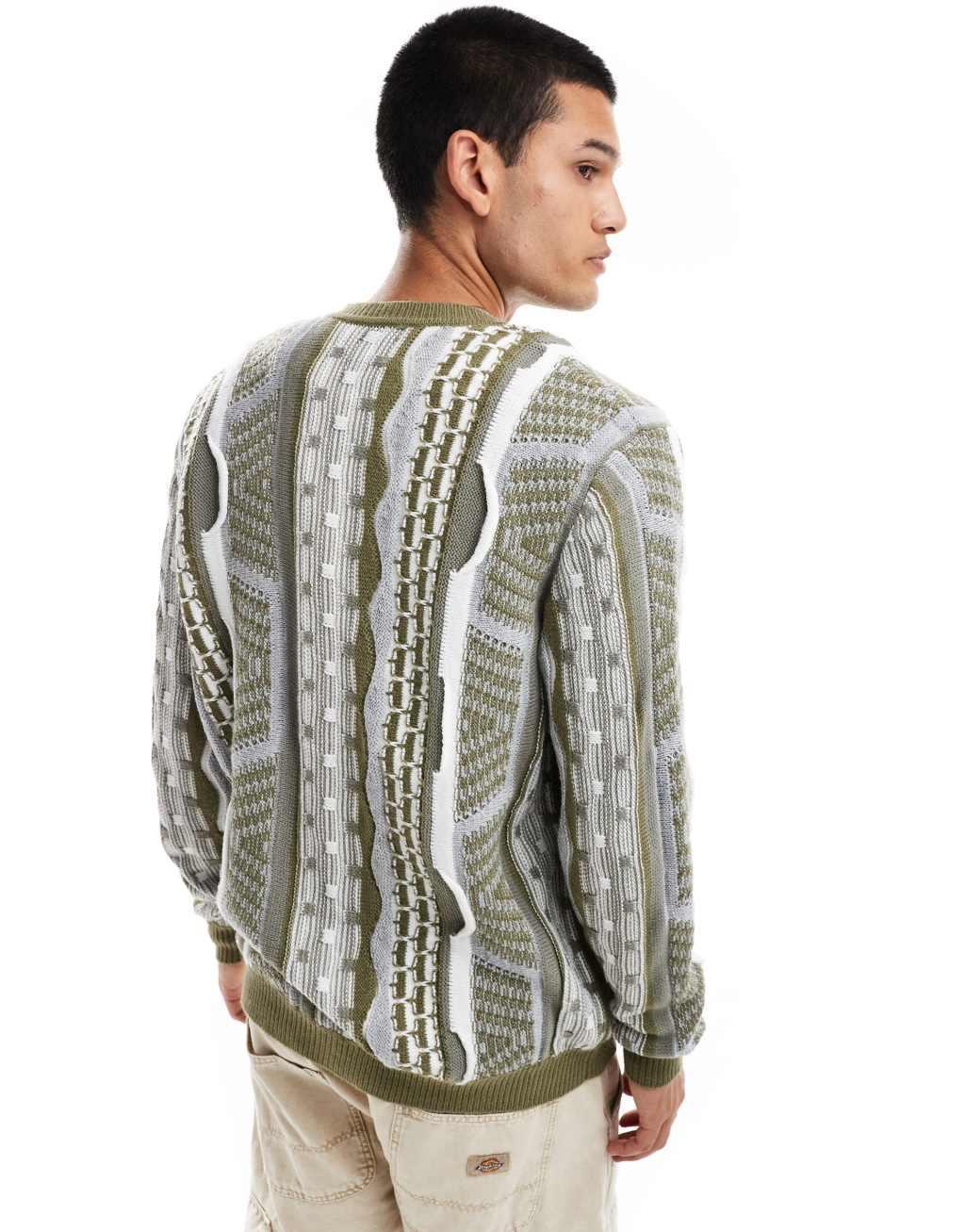 ASOS DESIGN relaxed cable knit crew neck cardigan in textured green stripe Product Image