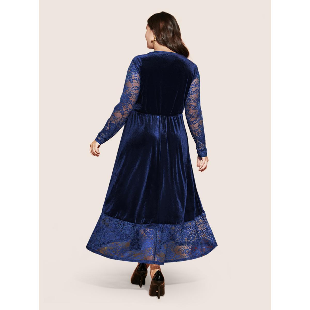 Plus Size Solid Contrast Lace Pocket Round Neck Velvet Dress DarkBlue Women Glamour Lace Round Neck Long Sleeve Curvy Midi Dress BloomChic 22-24/3X Product Image
