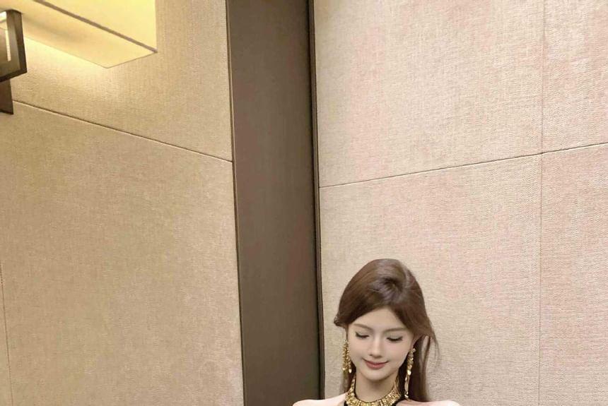 Halter Neck Sequined Slit Mini Bodycon Dress Product Image