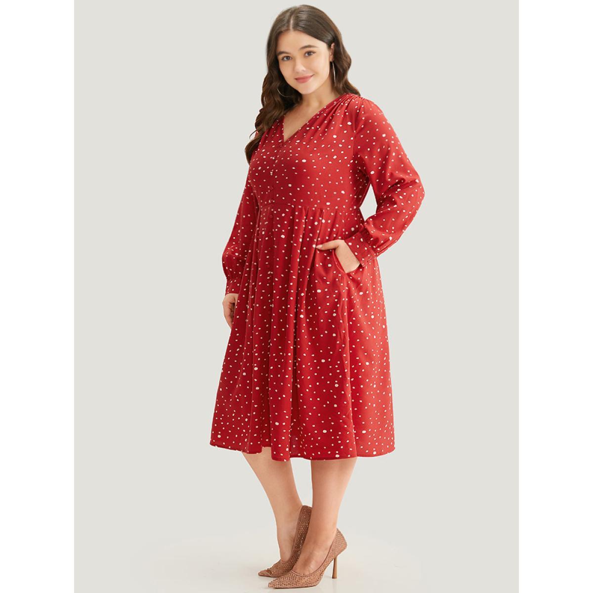 Plus Size Polka Dot Button Detail Pleated Dress Crimson Women Elegant Printed V-neck Long Sleeve Curvy Midi Dress BloomChic 10/M Product Image