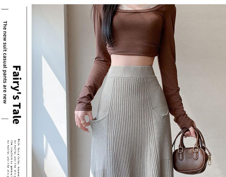 High Waist Plain Knit Maxi A-Line Skirt Product Image