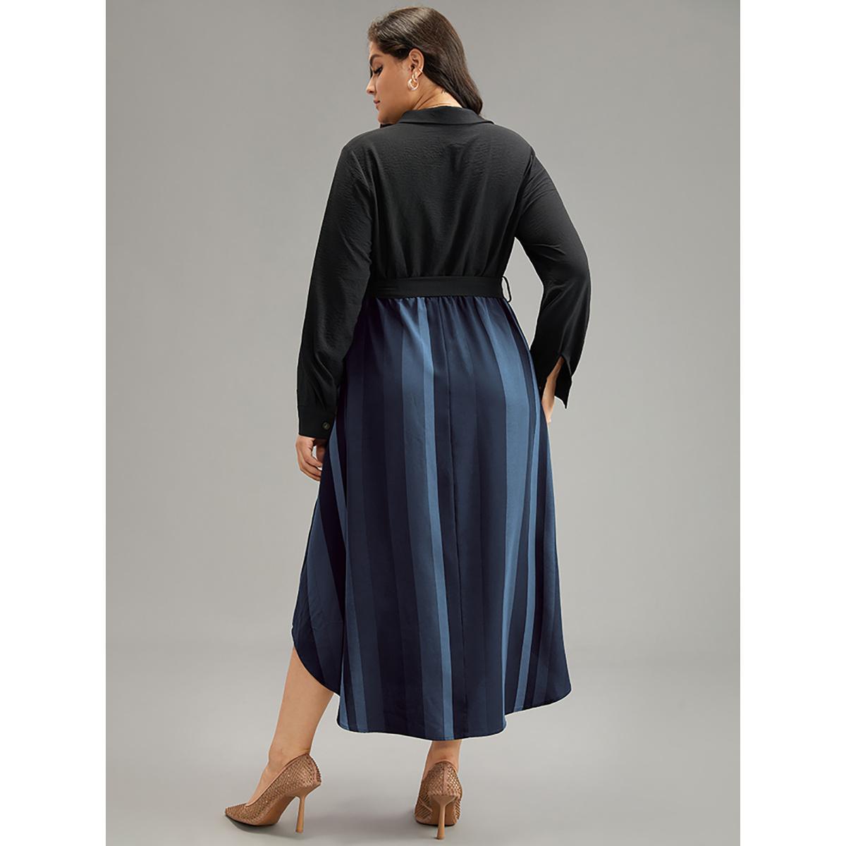 Plus Size Colour Striped Patchwork Belted Button Through Dress Midnight Women Office Belted Shirt collar Long Sleeve Curvy Midi Dress BloomChic 28/5X Product Image