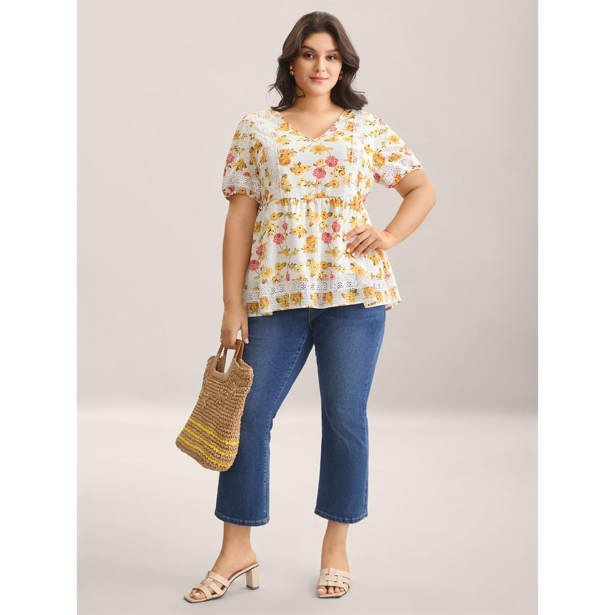 Plus Size Multicolor Floral Lace Trim Textured Babydoll Top Women Short sleeve V-neck Vacation Blouses BloomChic 30/6X Product Image