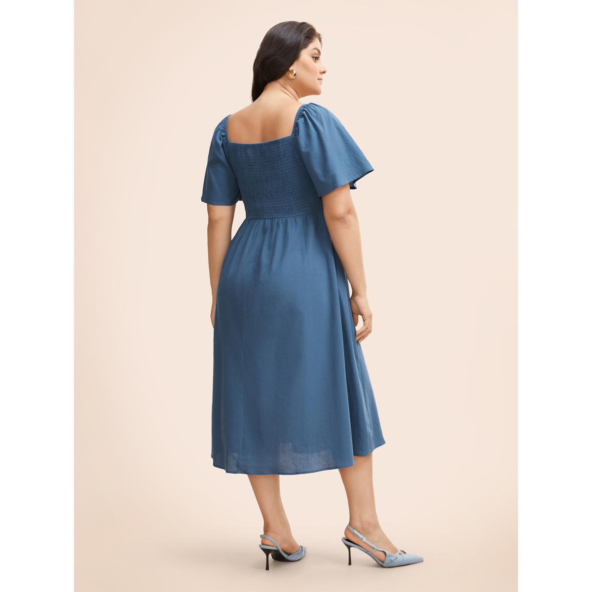 Plus Size Cotton Square Neck Shirred Ruffle Sleeve Split Hem Dress Aegean Women Casual Gathered Square Neck Short sleeve Curvy BloomChic 10/M Product Image
