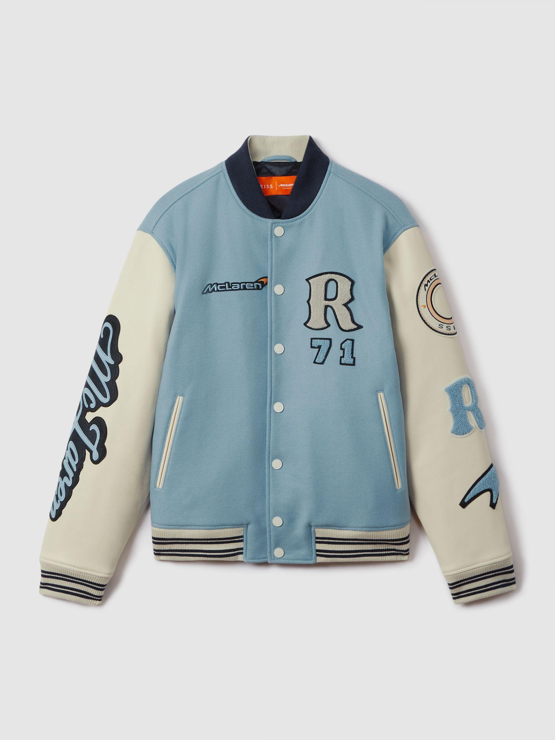 Leather Varsity Jacket in Soft Blue/Ecru Product Image