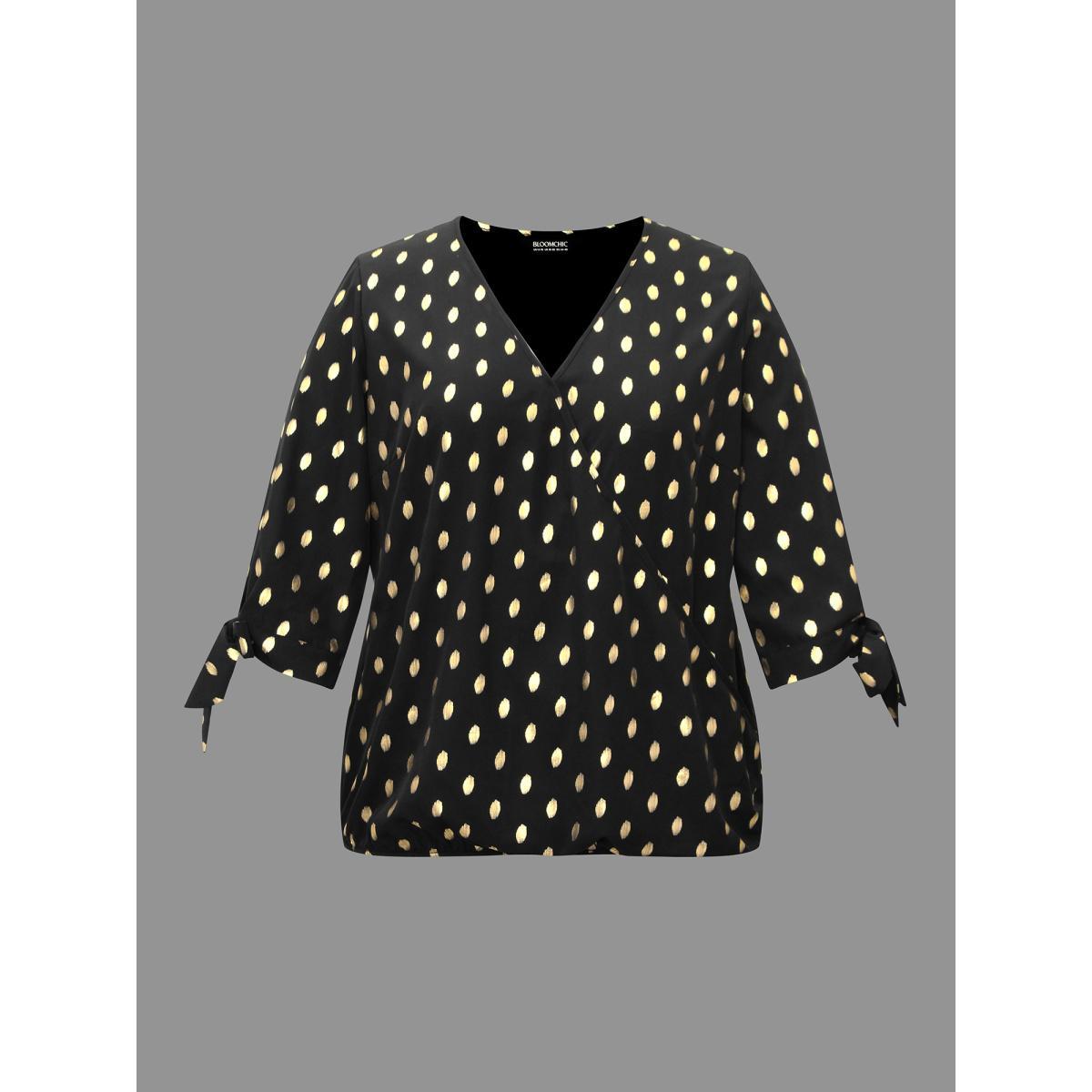 Plus Size Black Glitter Overlap Collar Tie Knot Blouse Women Cocktail Elbow-length sleeve Overlap Collar Party Blouses BloomChic 10/M Product Image