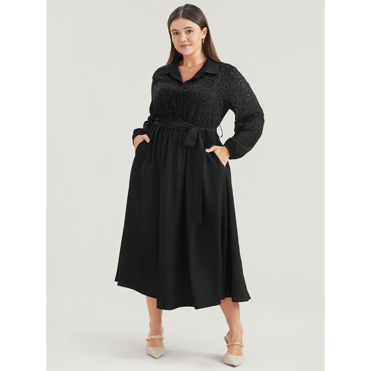 Plus Size Solid Pocket Button Detail Eyelet Lace Belted Dress Burgundy Women Casual Patchwork Shirt collar Long Sleeve Curvy Midi Dress BloomChic 10/M Product Image