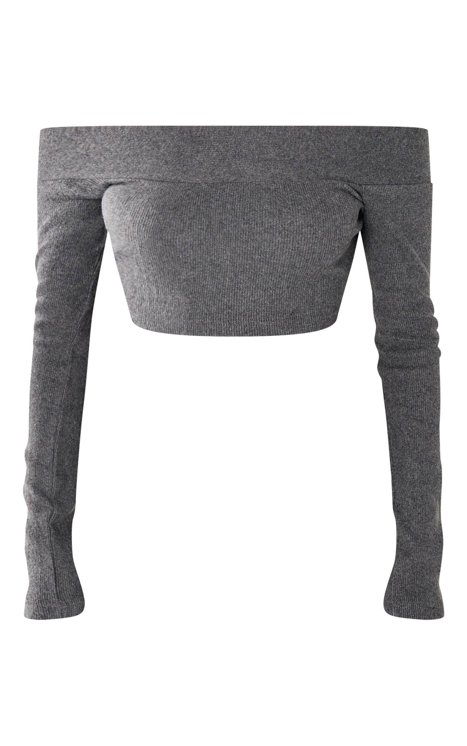  Charcoal Brushed Rib Bardot Long Sleeve Top Product Image