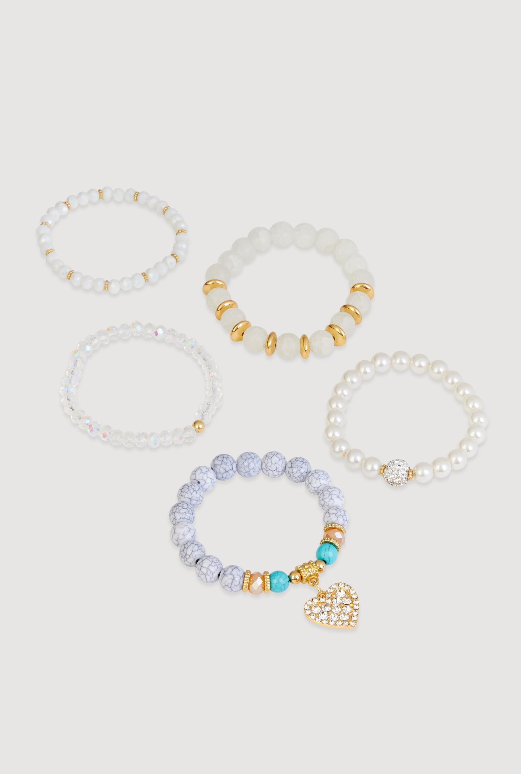 Rhinestone Heart Charm Beaded Stretch Bracelets Set of 5 Unisex Product Image