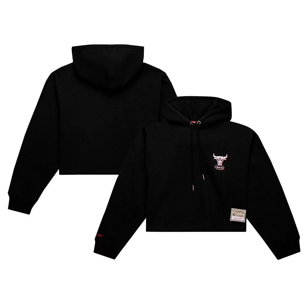Women's Mitchell & Ness Black Chicago Bulls Hardwood Classics Cropped Pullover Hoodie, Size: Large Product Image