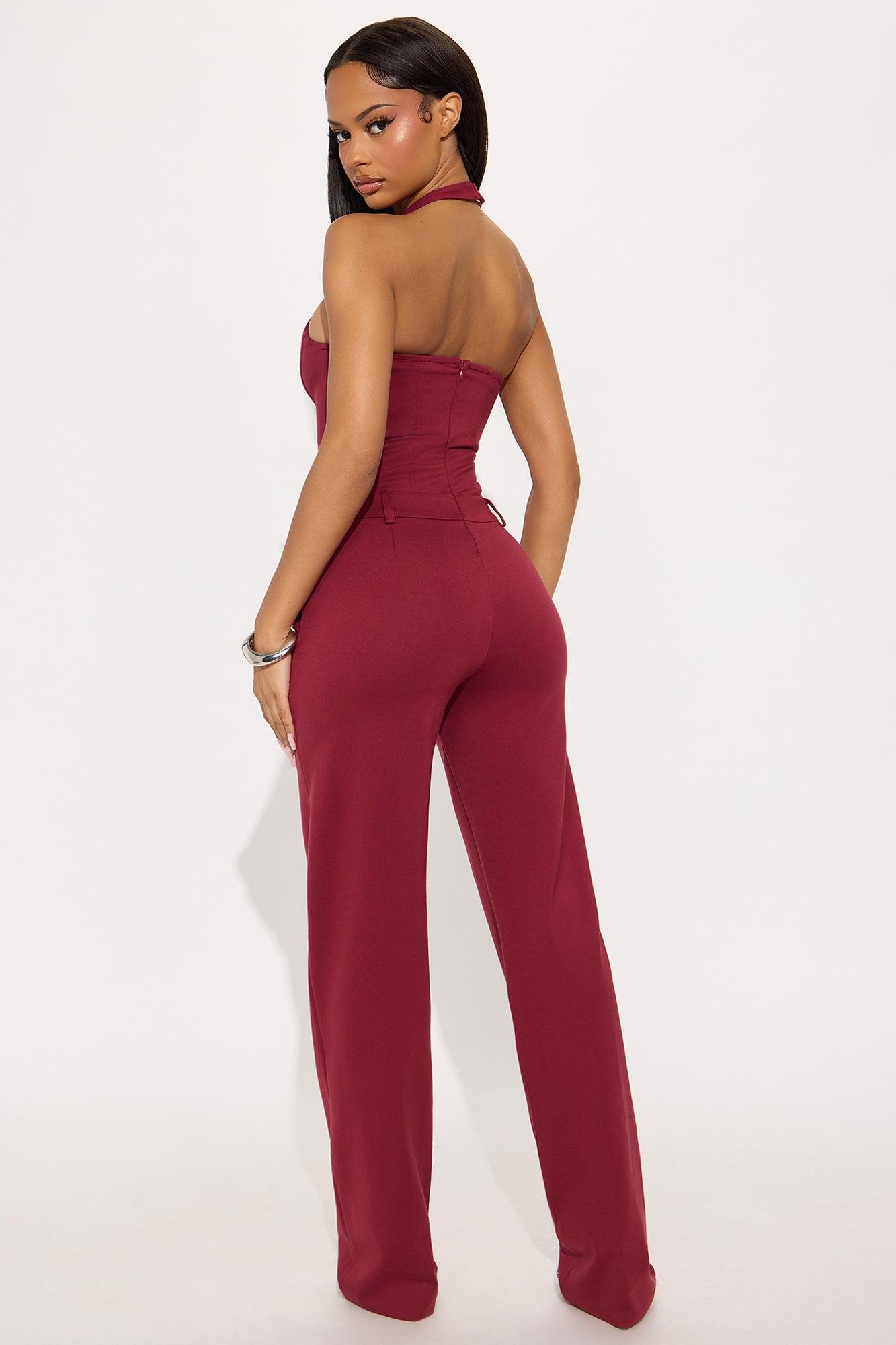 In Command Ponte Halter Wide Leg Jumpsuit - Burgundy Female Product Image