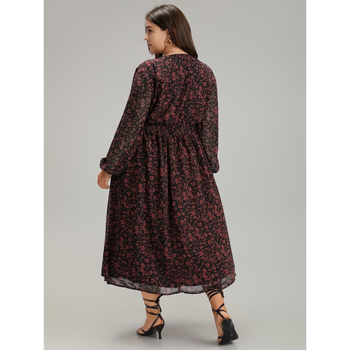 Plus Size Chiffon Ditsy Floral Pocket Shirred Cuffs Dress Scarlet Women Elegant Elastic cuffs V-neck Long Sleeve Curvy Midi Dress BloomChic 12/L Product Image
