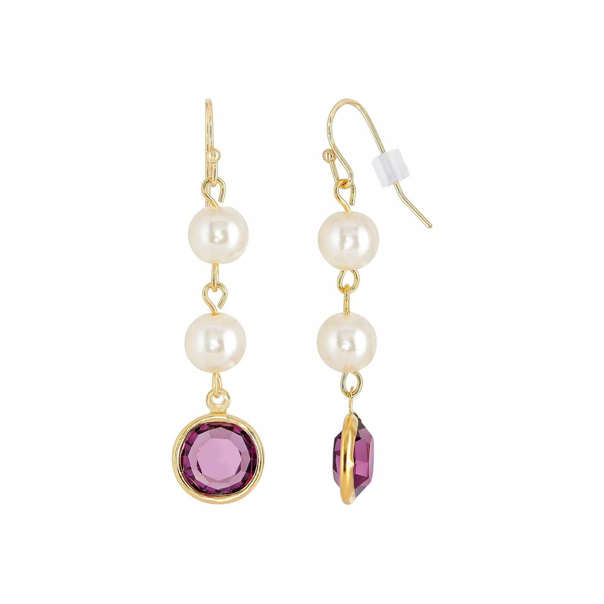 1928 Gold Tone Simulated Pearl & Crystal Drop Earrings, Womens, Purple Product Image
