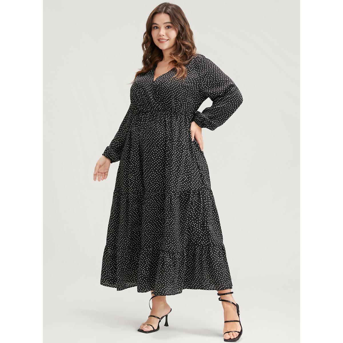 Plus Size Polka Dot Pocket Wrap Ruffles Tiered Dress Without Belt Black Women Elegant Elastic Waist V-neck Long Sleeve Curvy Long Dress BloomChic 18-20/2X Product Image