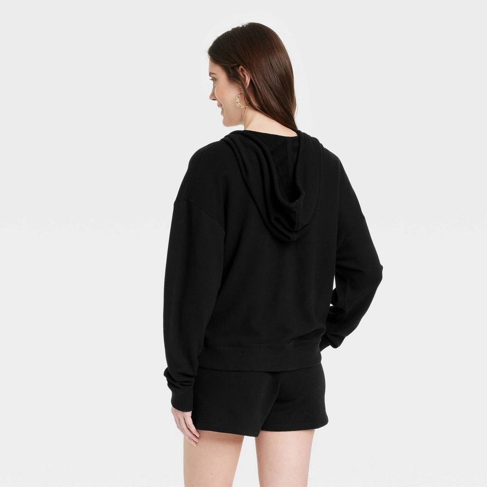 Women's Leisure Studio French Terry Zip-Up Hooded Sweatshirt - Universal Thread™ Black L: Cotton Modal Blend, Heavyweight, Seam Pocket Product Image