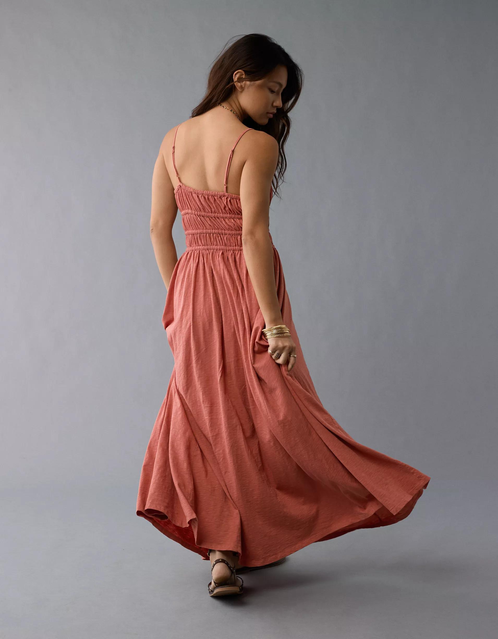AE Sunchaser Knit Smocked Bodice Striped Midi Dress Product Image