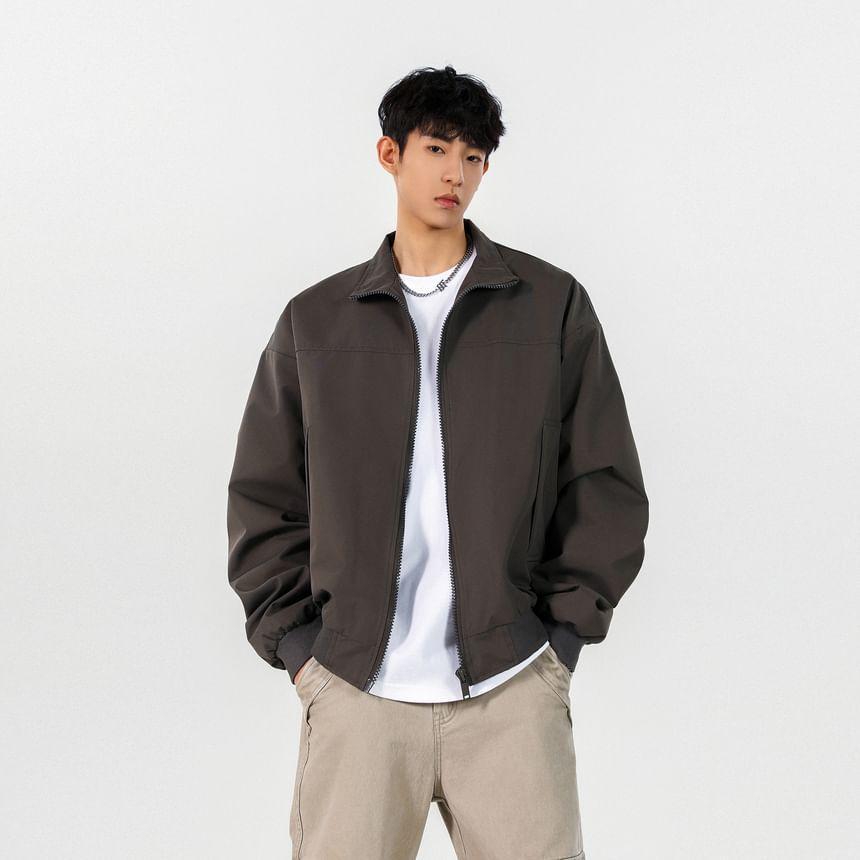 Stand Collar Zip-Up Plain Jacket Product Image
