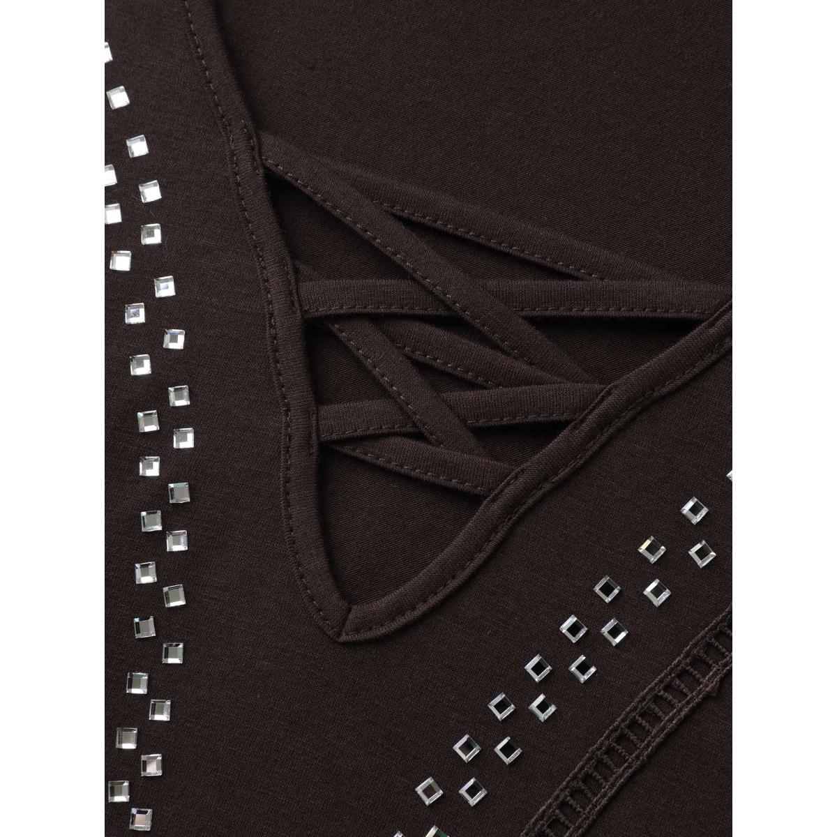 Plus Size Rhinestone Cross-Tie Flared Top Women DarkBrown Woven ribbon&lace trim Deep V-neck Vacation Tank Tops Camis BloomChic 14-16/1X Product Image