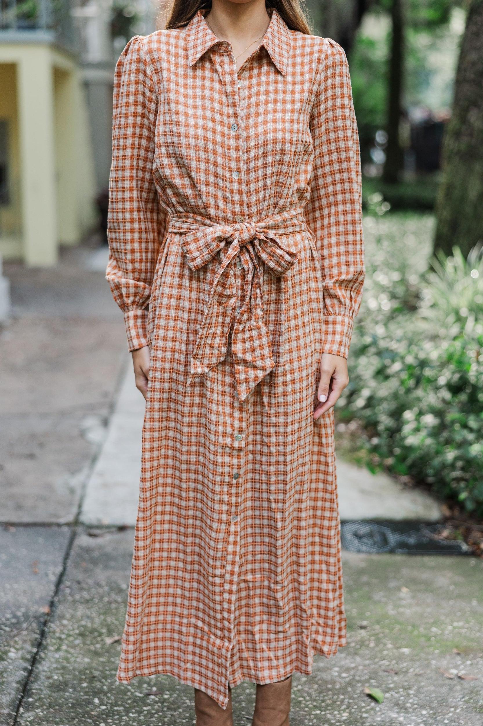 Harvest Wishes Rust Orange Gingham Midi Dress Female Product Image