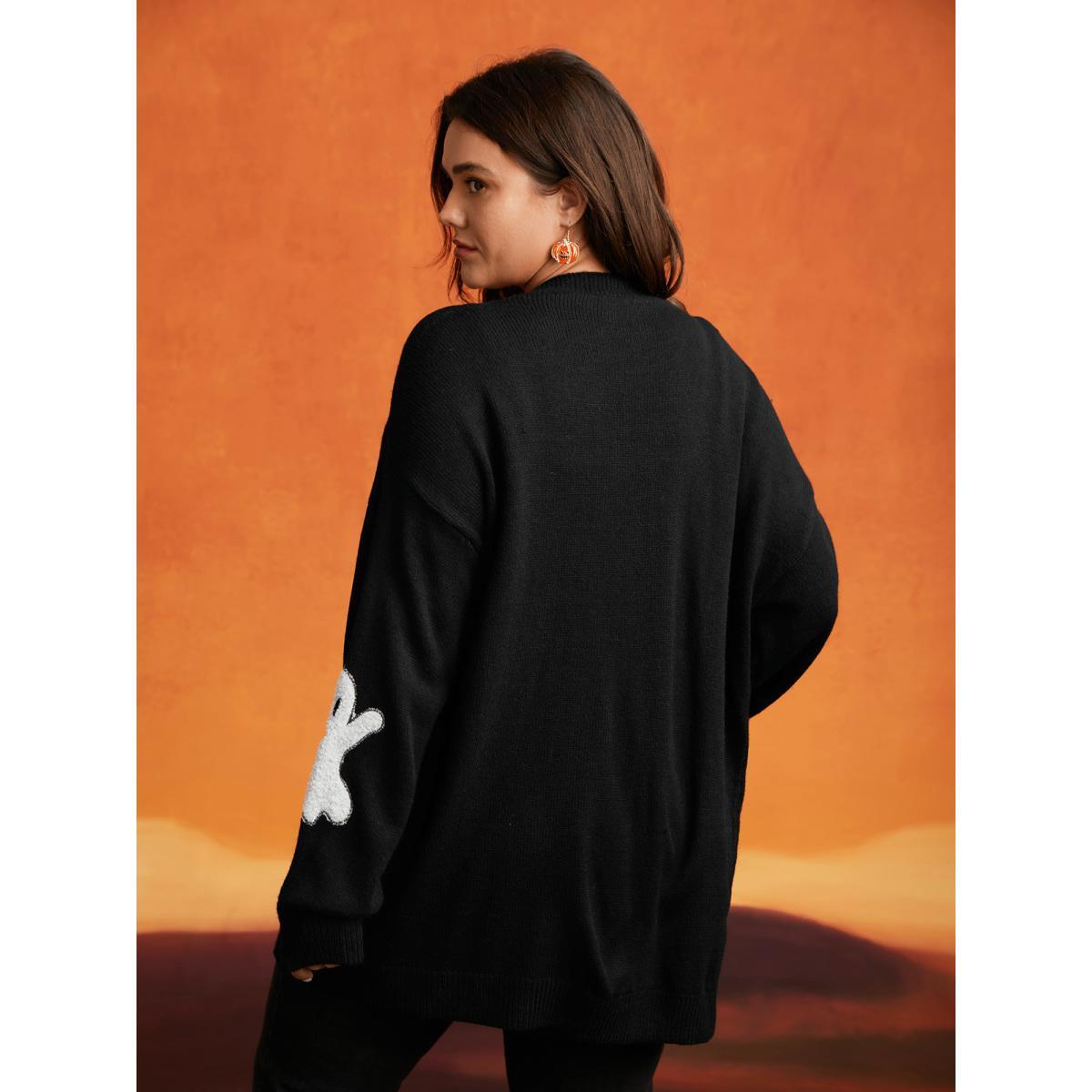 Plus Size Pumpkin Ghost Embroidery Open Cardigan Black Women Casual Loose Long Sleeve Everyday Cardigans BloomChic 22-24/3X Product Image