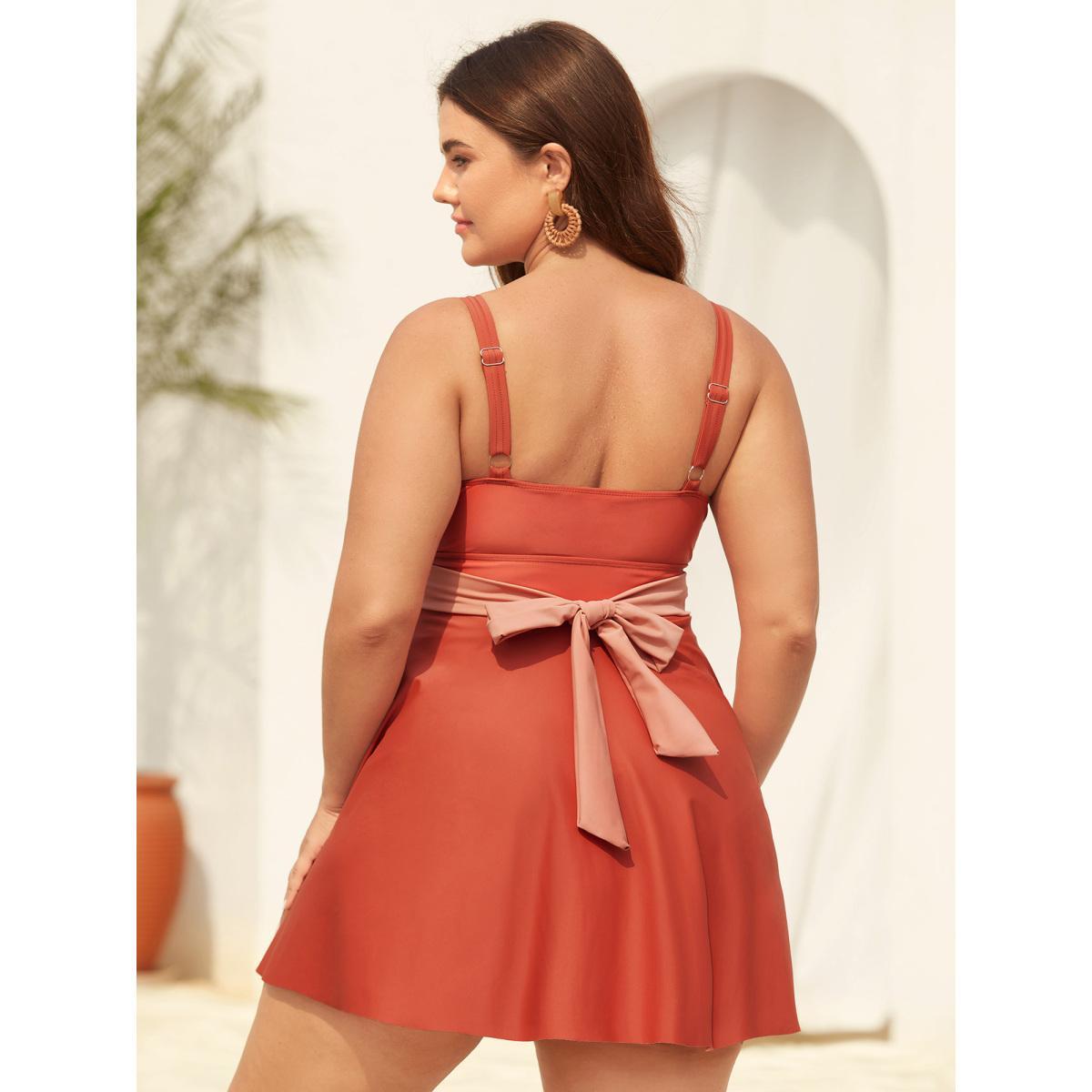 Plus Size Sewn-in-Belt Bow Pockets Swim Dress Women's Swimwear Salmon Beach Bodycon V-neck High stretch Curve Swim Dresses BloomChic 14-16/1X Product Image