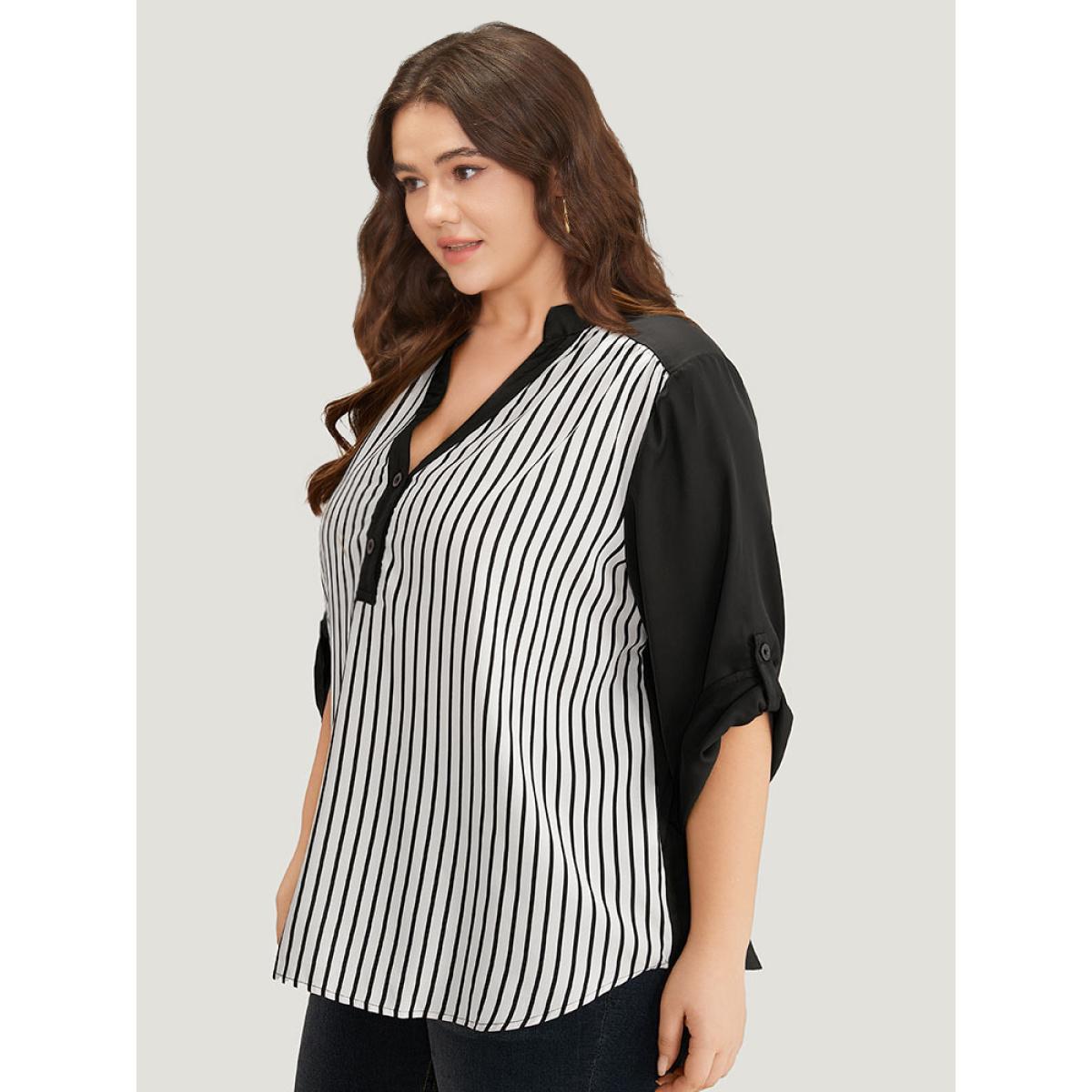 Plus Size Black Striped Patchwork Tab Sleeve Blouse Women Office Elbow-length sleeve V-neck Work Blouses BloomChic 10/M Product Image