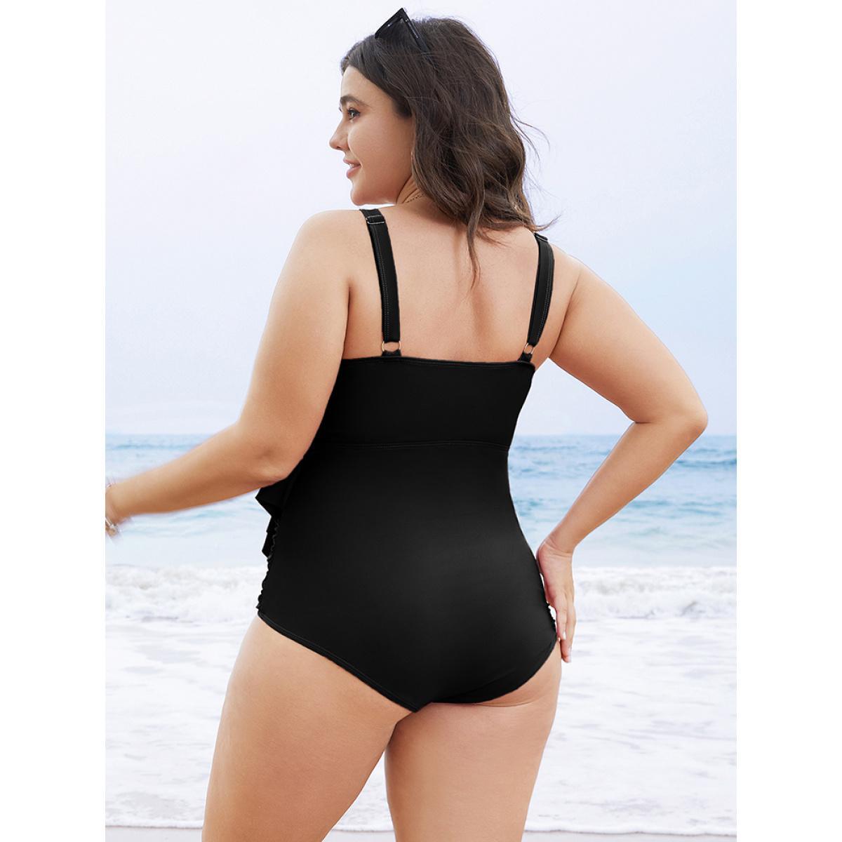 Plus Size Solid Sculpt Waist Patchwork Ruffle Tiered One Piece Swimsuit Women's Swimwear Black Vacation Adjustable Straps Curve Bathing Suits High stretch One Pieces BloomChic 30/6X Product Image